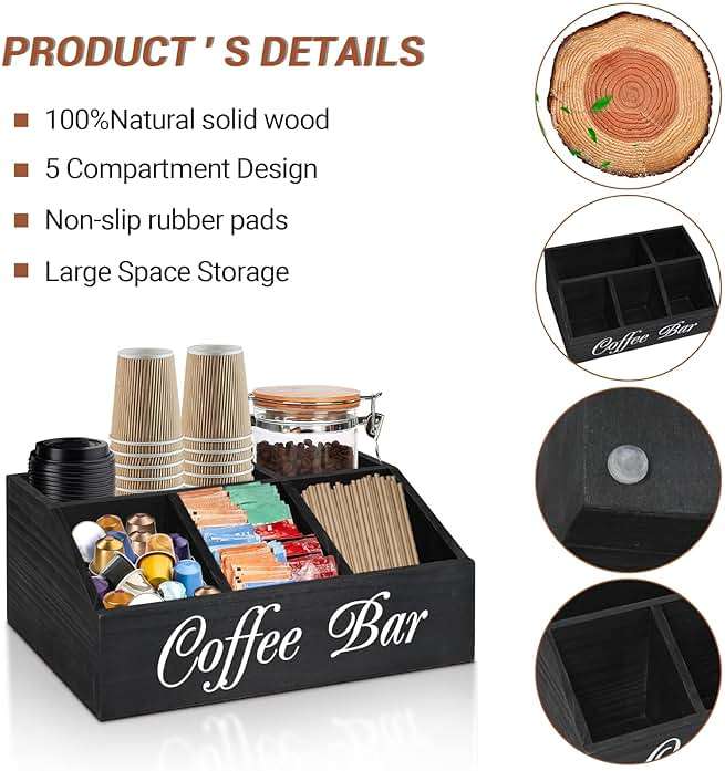 ugiftt Coffee Station Organizer for Counter, Wood Coffee Pods Holder Storage Basket, Tea Condiment Storage Organizer, Rustic Coffee Bar Decor for Coffee Accessories Organizer - Image 7