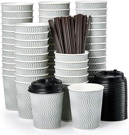 MUCHII 8 oz Disposable Paper Coffee Cups, 100 Count Insulated Ripple To Go Cups With Lids and Straws for Tea, Hot Chocolate, and Drinks - Image 1