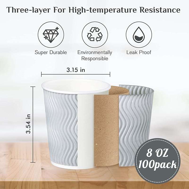 MUCHII 8 oz Disposable Paper Coffee Cups, 100 Count Insulated Ripple To Go Cups With Lids and Straws for Tea, Hot Chocolate, and Drinks - Image 3