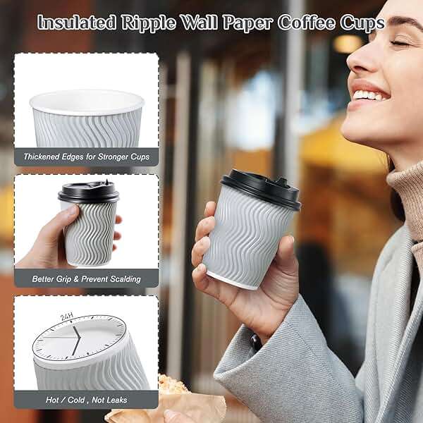 MUCHII 8 oz Disposable Paper Coffee Cups, 100 Count Insulated Ripple To Go Cups With Lids and Straws for Tea, Hot Chocolate, and Drinks - Image 6