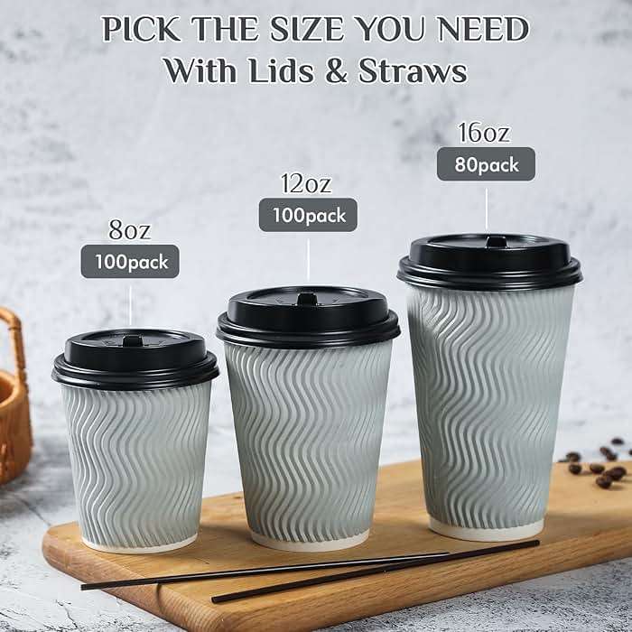 MUCHII 8 oz Disposable Paper Coffee Cups, 100 Count Insulated Ripple To Go Cups With Lids and Straws for Tea, Hot Chocolate, and Drinks - Image 7