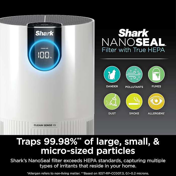 Shark Air Purifiers for Bedroom, Office, Dorm, Small Room, HEPA Air Filter, Odor Eliminator, Covers Up To 500 SQ FT, Air Filtration Removes Smoke, Dust, Allergens, Pet Dander, and Pollutants, HP102 - Image 8