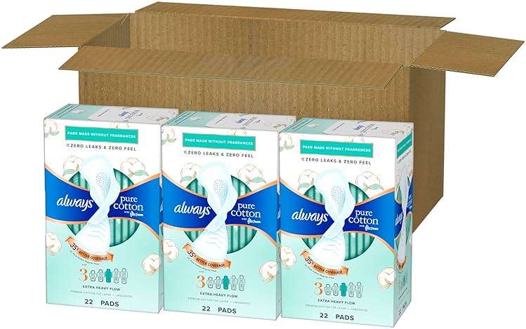 Always Pure Cotton Feminine Pads for Women, FlexFoam Pads with Wings, Size 3, Extra Heavy Flow Absorbency, Unscented, 66 Count (3 Packs of 22) - Image 11