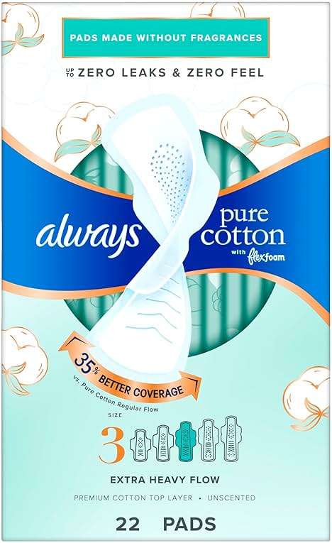 Always Pure Cotton Feminine Pads for Women, FlexFoam Pads with Wings, Size 3, Extra Heavy Flow Absorbency, Unscented, 66 Count (3 Packs of 22) - Image 10