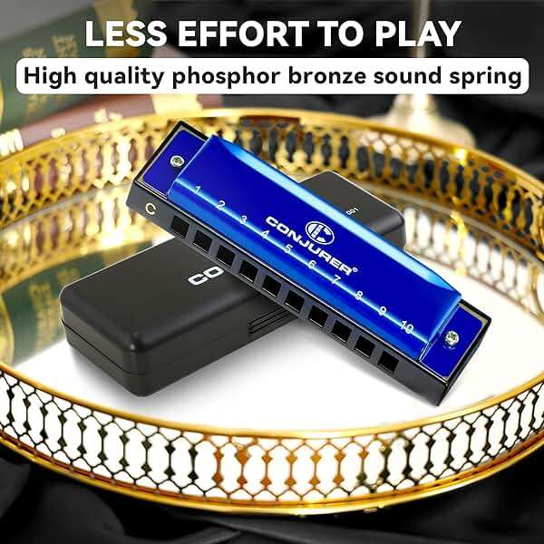CONJURER Blues Harmonica for Adult Beginners 10 Hole Diatonic Harmonica Key of C, Brass Reed Metal Mouth Organ C Key Blues Harp with Case, Blue - Image 5