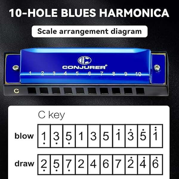 CONJURER Blues Harmonica for Adult Beginners 10 Hole Diatonic Harmonica Key of C, Brass Reed Metal Mouth Organ C Key Blues Harp with Case, Blue - Image 6