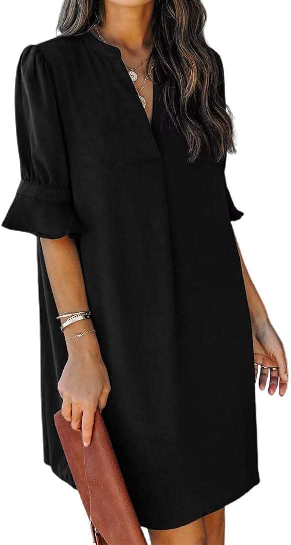 QACOHU Summer Dresses for Women V Neck Ruffle Short Sleeve Casual Shift Dress - Image 1