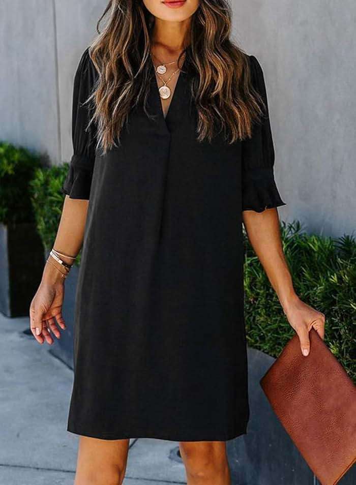 QACOHU Summer Dresses for Women V Neck Ruffle Short Sleeve Casual Shift Dress - Image 4