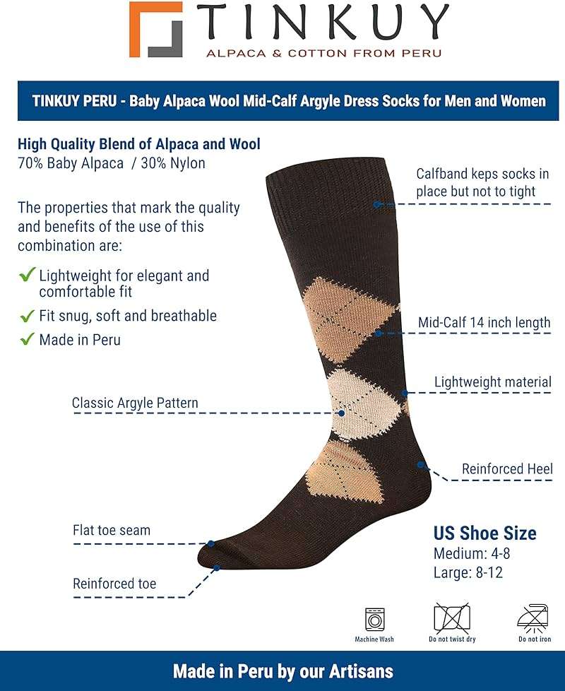 TINKUY PERU Argyle Socks, Mid-Length Baby Alpaca Wool Dress Socks for Men + Women - Image 4