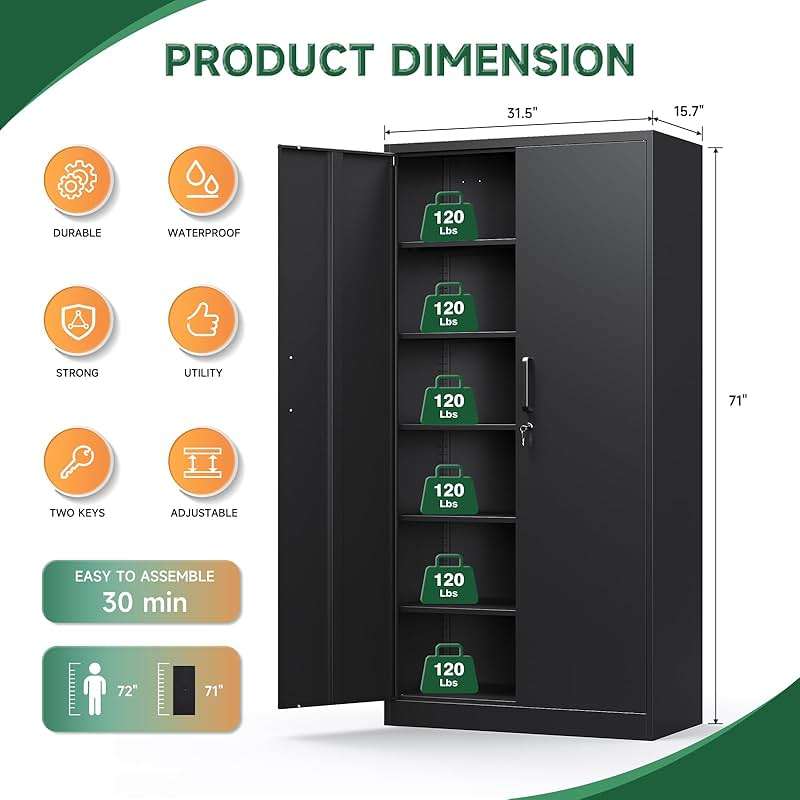 Letaya Metal Storage Cabinets with Lock Doors,Tall Locker Organizer Steel Garage Cabinets, 5 Adjustable Layers Shelves for Home, Office, Warehouse,Tool,Industrial(Black) - Image 4