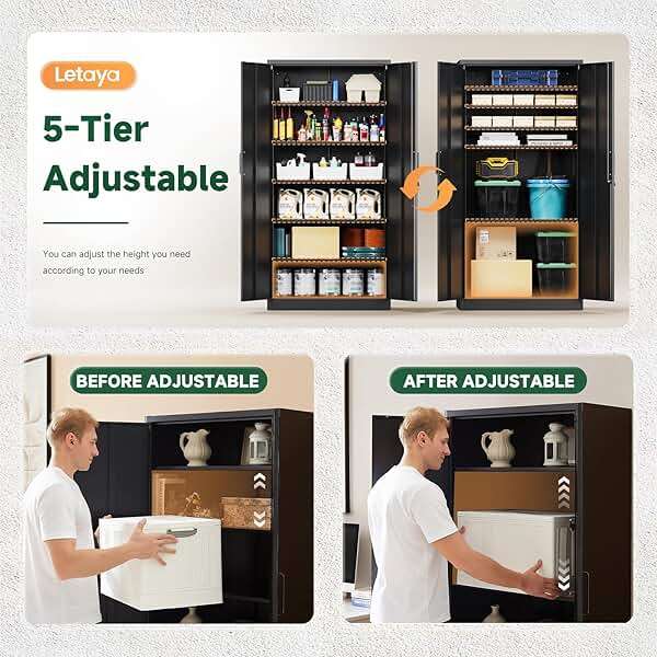 Letaya Metal Storage Cabinets with Lock Doors,Tall Locker Organizer Steel Garage Cabinets, 5 Adjustable Layers Shelves for Home, Office, Warehouse,Tool,Industrial(Black) - Image 5