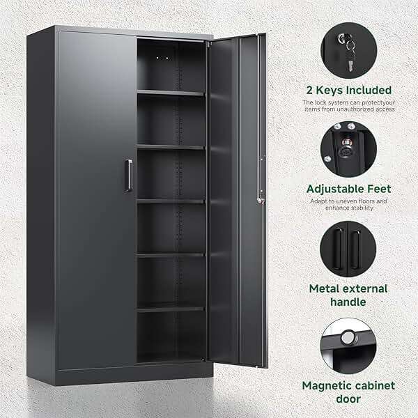 Letaya Metal Storage Cabinets with Lock Doors,Tall Locker Organizer Steel Garage Cabinets, 5 Adjustable Layers Shelves for Home, Office, Warehouse,Tool,Industrial(Black) - Image 7