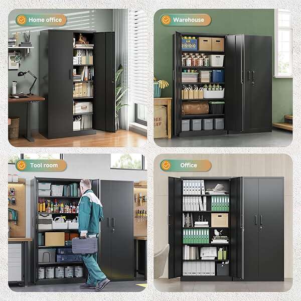 Letaya Metal Storage Cabinets with Lock Doors,Tall Locker Organizer Steel Garage Cabinets, 5 Adjustable Layers Shelves for Home, Office, Warehouse,Tool,Industrial(Black) - Image 8