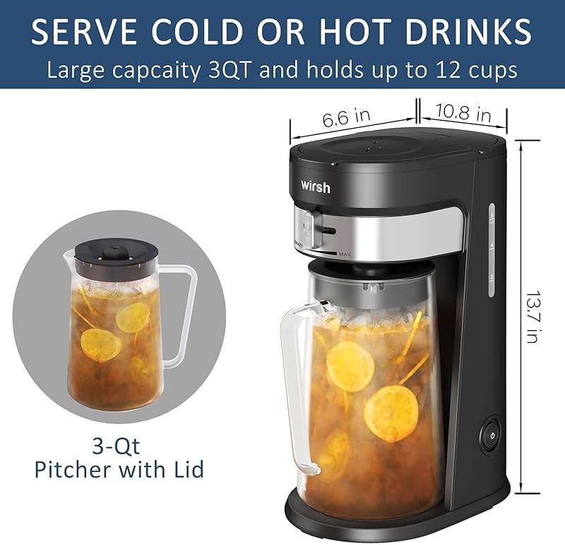 wirsh Iced Tea Maker with 3QT Pitcher, Iced Coffee Maker with Strength Control and Reusable Filter, Perfect For Iced Coffee, Latte, Tea, Lemonade, Flavored Water, Black - Image 3