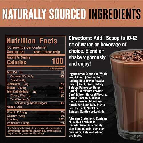 The Fittest Whole Feast Beef Protein Powder - Milk Chocolate - Grass Fed Nose to Tail Carnivore Blend Including Liver, Colostrum and Whole Bone - BCAAs - 14g Collagen, 21g Total Protein - Image 6