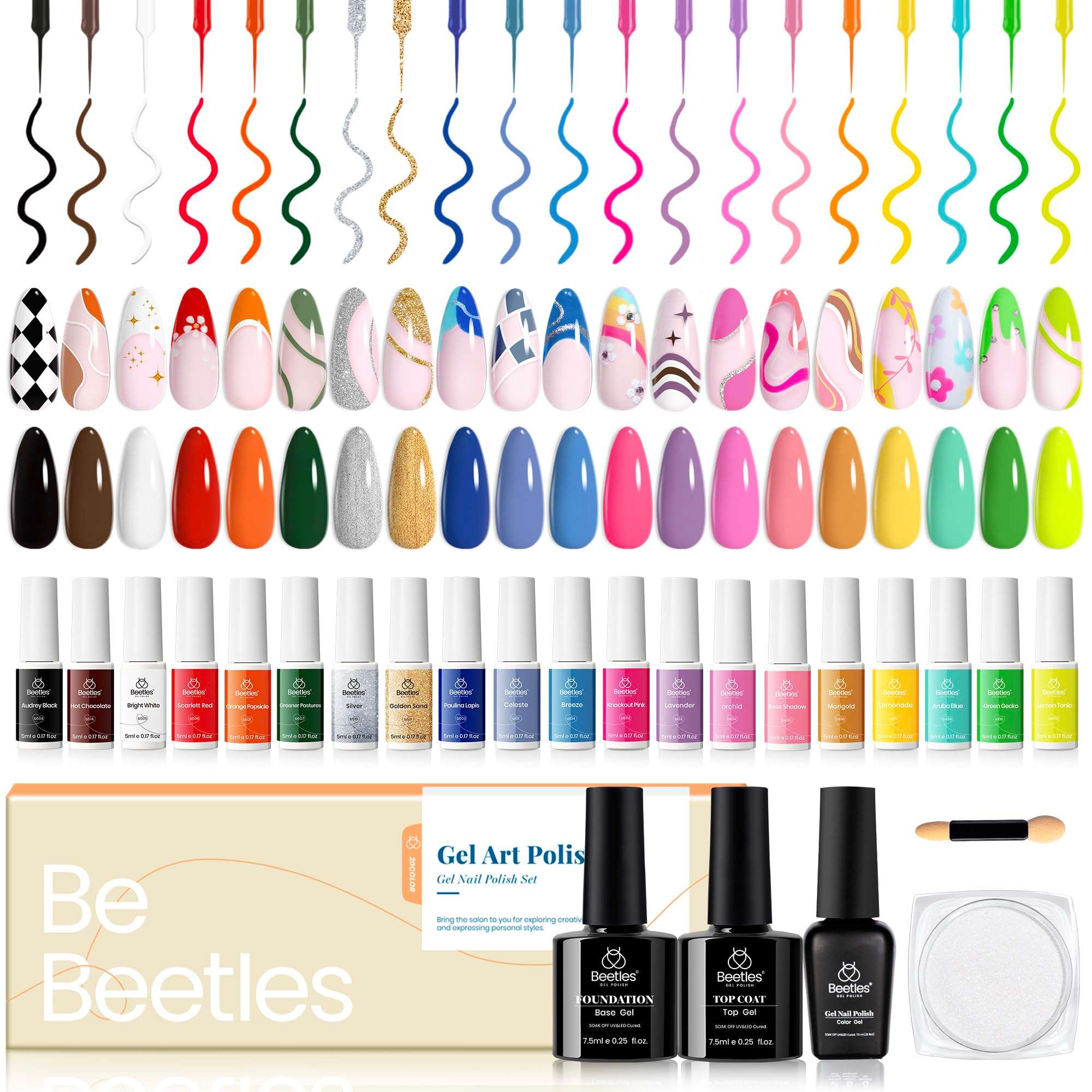 Beetles Gel Liner Nail Art Polish Set Pastel Gel Nail White Gold Red Glitter Neon French Tip Nails Polish Paint Swirl Built Thin Brush in Bottle Soak off Uv Lamp Nails Art Kit Gifts for Women - Image 1