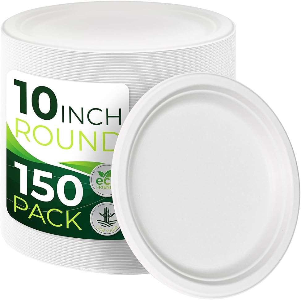 BIRCHIO 150pcs 100% Compostable Paper Plates (10in), Heavy Duty, Eco Friendly, Biodegradable Made of Sugarcane Fiber - Image 1