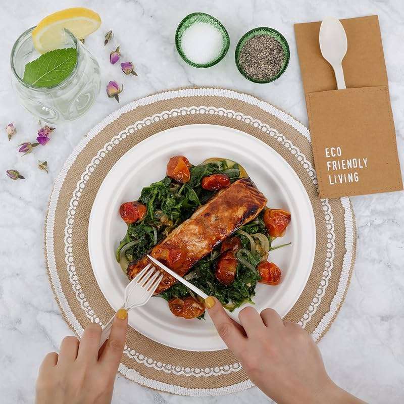 BIRCHIO 150pcs 100% Compostable Paper Plates (10in), Heavy Duty, Eco Friendly, Biodegradable Made of Sugarcane Fiber - Image 2