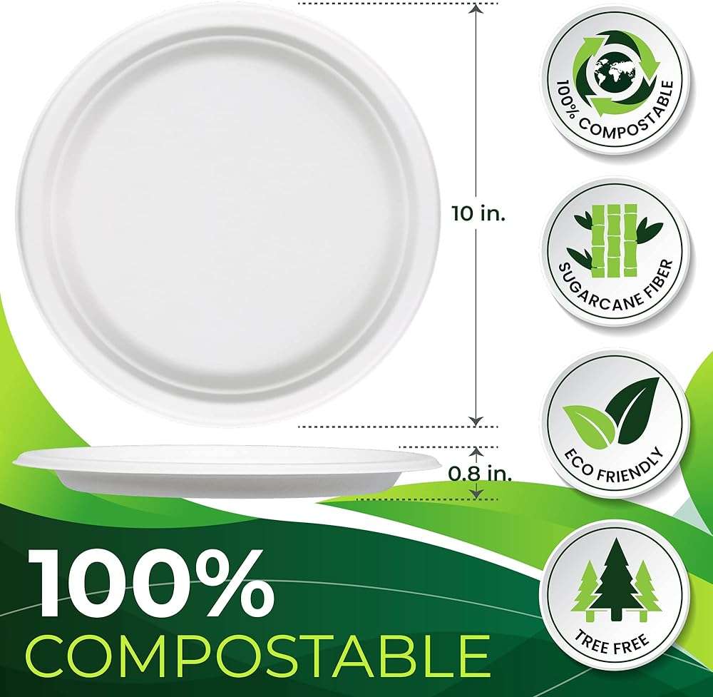 BIRCHIO 150pcs 100% Compostable Paper Plates (10in), Heavy Duty, Eco Friendly, Biodegradable Made of Sugarcane Fiber - Image 3