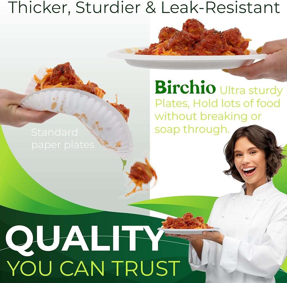BIRCHIO 150pcs 100% Compostable Paper Plates (10in), Heavy Duty, Eco Friendly, Biodegradable Made of Sugarcane Fiber - Image 4
