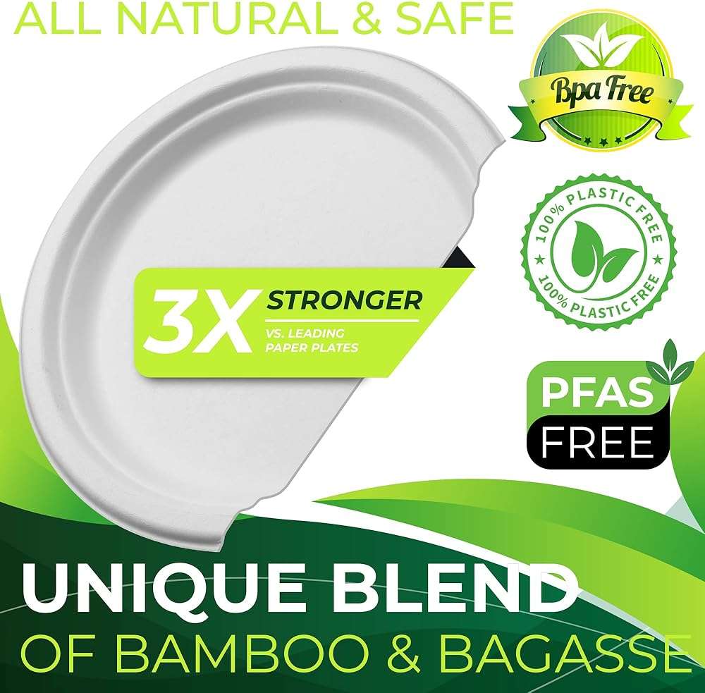BIRCHIO 150pcs 100% Compostable Paper Plates (10in), Heavy Duty, Eco Friendly, Biodegradable Made of Sugarcane Fiber - Image 5