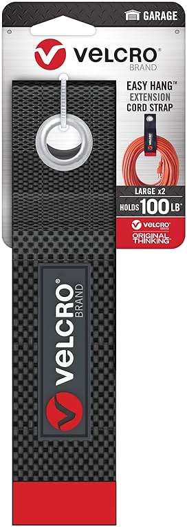 VELCRO Brand EASY HANG Extension Cord Organizer Holder | Large 18" Heavy Duty Straps for Garage Organization and Storage Grommet Hangs Easily on Wall Hooks or Nails 2pk, Holds 100lbs, Black - Image 7