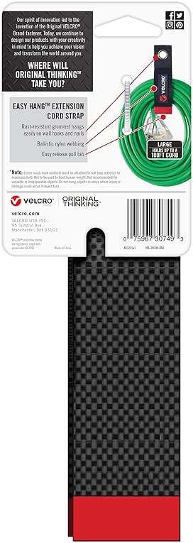 VELCRO Brand EASY HANG Extension Cord Organizer Holder | Large 18" Heavy Duty Straps for Garage Organization and Storage Grommet Hangs Easily on Wall Hooks or Nails 2pk, Holds 100lbs, Black - Image 8