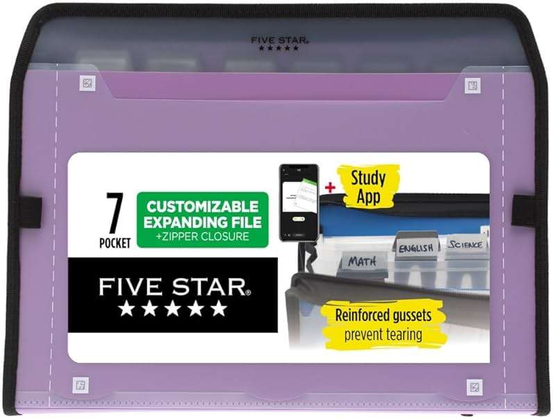 Five Star 7 Pocket Expanding File Organizer + Study App, Plastic Expandable File Folders with Customizable Tabs & Clear Cover, Holds 8-1/2" x 11", Zipper Closure, Amethyst Purple (351700G) - Image 1