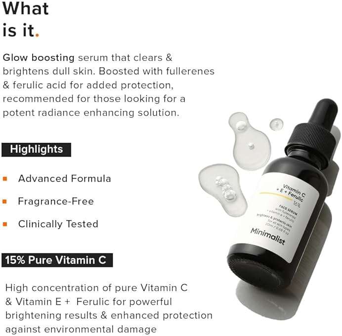 Minimalist Vitamin C+E+Ferulic Acid 16% Face Serum for Brightening & Anti Aging | Reduces Skin Damage & Redness to Brighten Dull Complexion | For All Skin Types | For Women & Men | 0.68 Fl Oz / 20 ml - Image 2