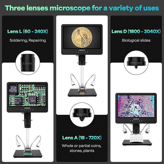 Andonstar AD249S-M 10.1 Inch HDMI Digital Microscope 2000x for Adults, 3 Lens 2160P UHD Video Record, Soldering Microscope for Electronics Repair, Error Coins, Pro Boom Arm Stand, Windows Compatible - Image 3