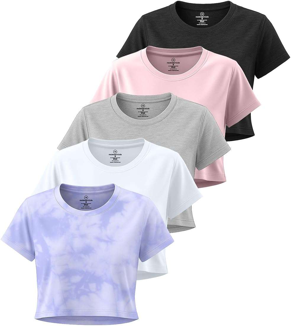 Real Essentials 5 Pack: Women's Dry-Fit Crop Top Short Sleeve Shirts Workout Gym Cropped Athletic Tee (Available in Plus) - Image 1