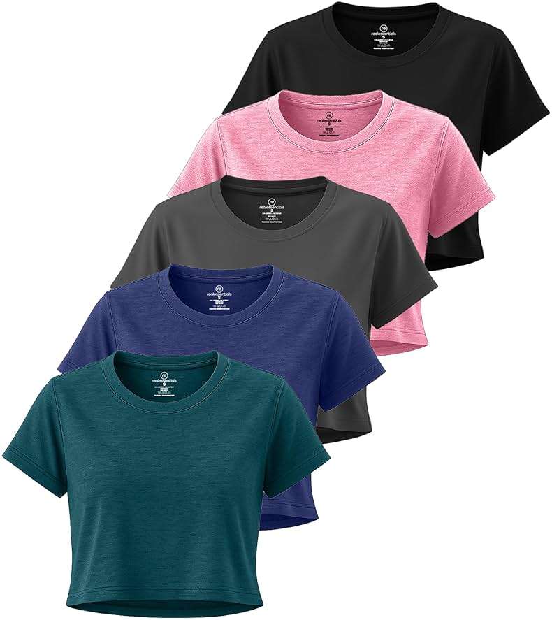 Real Essentials 5 Pack: Women's Dry Fit Crop Top - Short Sleeve Crew Neck Stretch Athletic Tee (Available in Plus Size) - Image 1