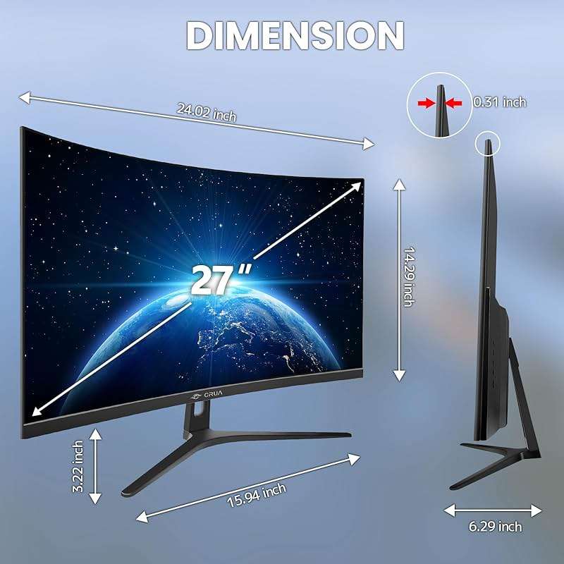 CRUA 27" Curved Monitor, FHD(1920x1080P) VA Panel, 100HZ, 120% sRGB Professional Computer Monitor, Narrow Bezels on Three Sides, Blue Light Filter, Office and Dormitory(HDMI, VGA)-Black - Image 8