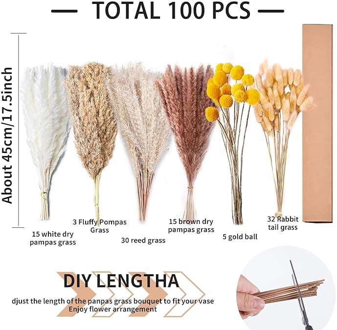 100PCS Natural Dried Pampas Grass Decor - 17.5" Fluffy Pampas Grass Bouquet - Boho Home Decor Dried Flowers for Wedding Floral Room Home Party Table Decorations - Image 3