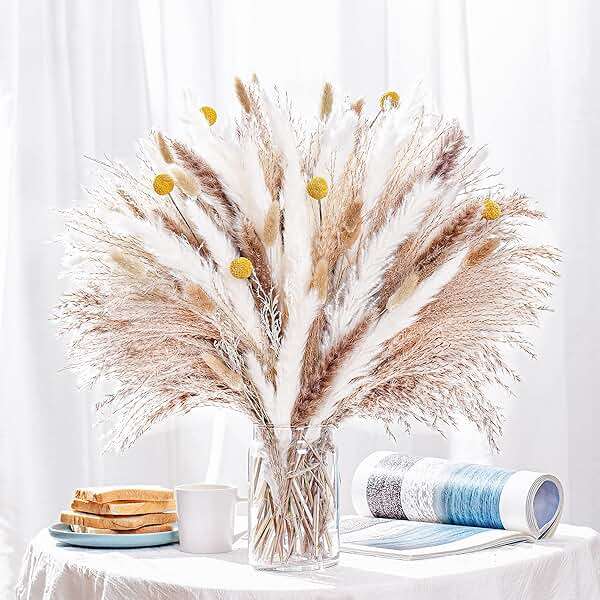 100PCS Natural Dried Pampas Grass Decor - 17.5" Fluffy Pampas Grass Bouquet - Boho Home Decor Dried Flowers for Wedding Floral Room Home Party Table Decorations - Image 7