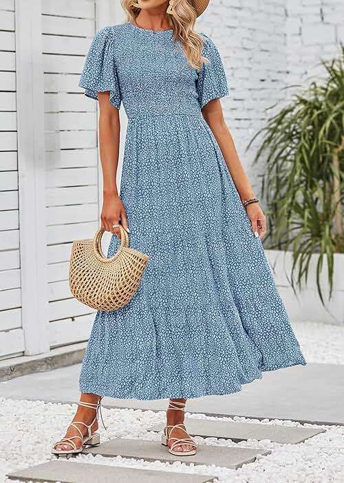 ZESICA Women's 2026 Summer Boho Floral Maxi Dresses Casual Short Flutter Sleeve Smocked Tiered Flowy Dress - Image 2