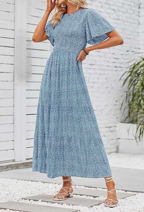 ZESICA Women's 2026 Summer Boho Floral Maxi Dresses Casual Short Flutter Sleeve Smocked Tiered Flowy Dress - Image 3