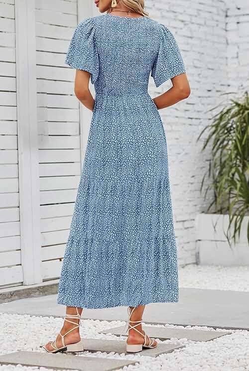ZESICA Women's 2026 Summer Boho Floral Maxi Dresses Casual Short Flutter Sleeve Smocked Tiered Flowy Dress - Image 4