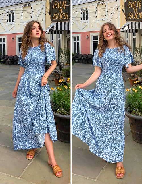 ZESICA Women's 2026 Summer Boho Floral Maxi Dresses Casual Short Flutter Sleeve Smocked Tiered Flowy Dress - Image 5