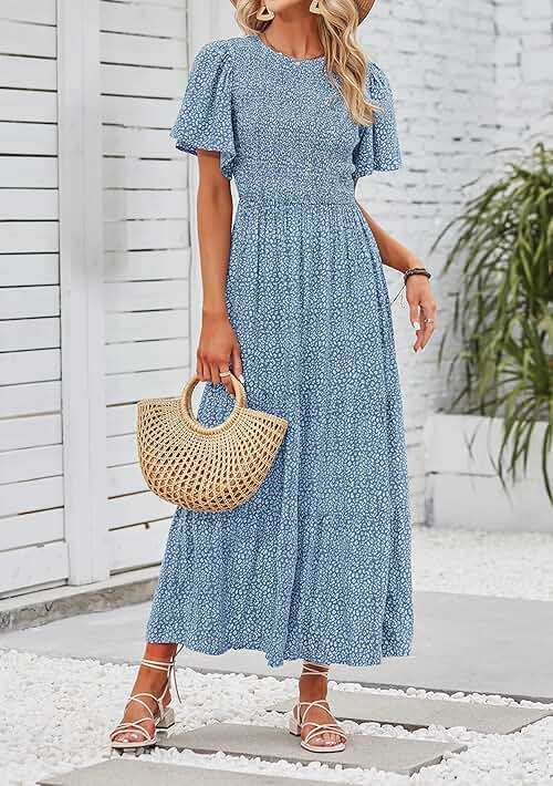 ZESICA Women's 2026 Summer Boho Floral Maxi Dresses Casual Short Flutter Sleeve Smocked Tiered Flowy Dress - Image 6