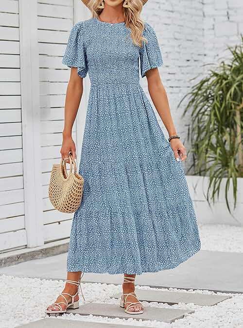 ZESICA Women's 2026 Summer Boho Floral Maxi Dresses Casual Short Flutter Sleeve Smocked Tiered Flowy Dress - Image 7