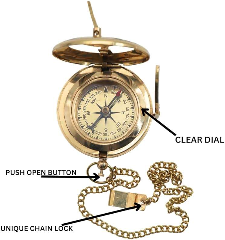 Vintage Brass Sundial Compass with Leather Case – Antique Nautical Marine Pocket Compass, Classic Navigation Tool for Hiking Camping, Unique Gift for Men, Father, Husband & Explorer - Image 2