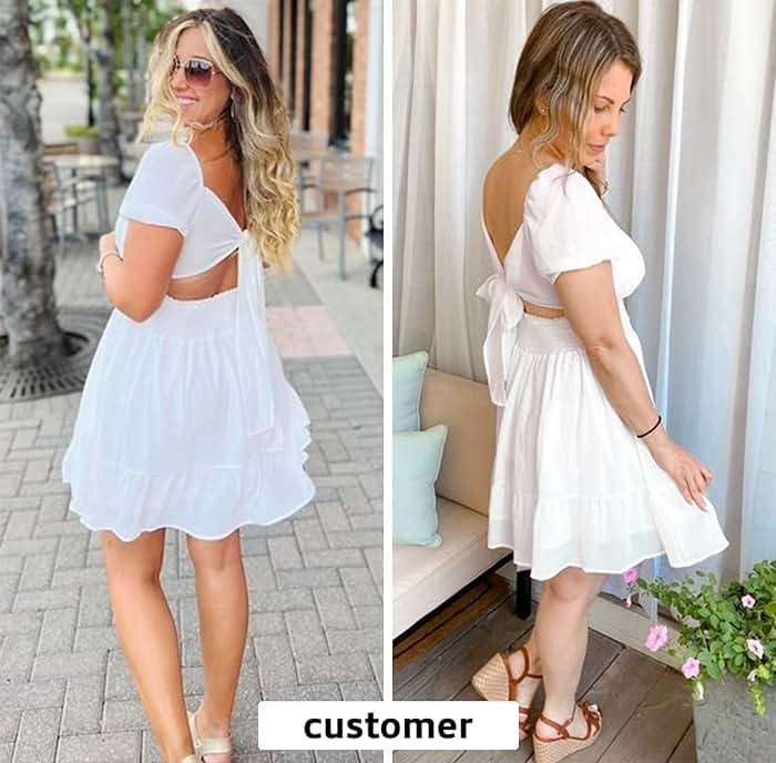 EXLURA Women's 2026 Summer Short Puff Sleeve Casual Short Mini Dresses Tie Back Square Neck A-Line Sundress - Image 4