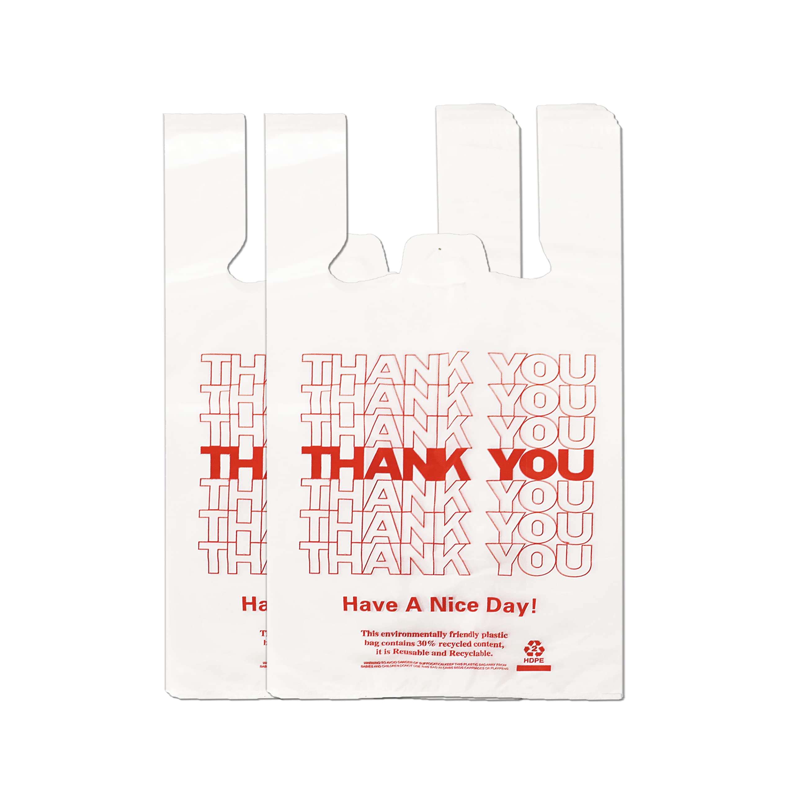 YoYoRain 100 Count White Thank You T-Shirt Bags, 11 x 6 x 21 in | Durable HDPE with handles, Thank You print, disposable carryout sacks for grocery, retail and takeout - Image 1