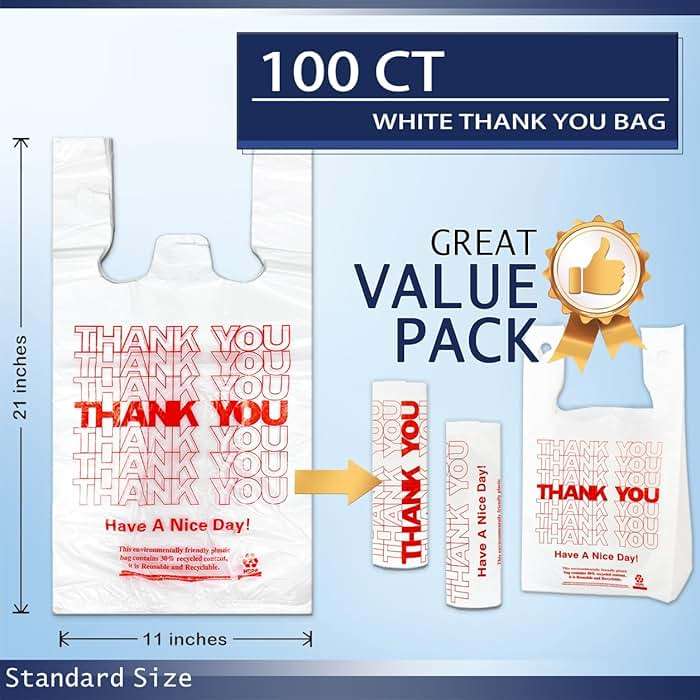 YoYoRain 100 Count White Thank You T-Shirt Bags, 11 x 6 x 21 in | Durable HDPE with handles, Thank You print, disposable carryout sacks for grocery, retail and takeout - Image 2