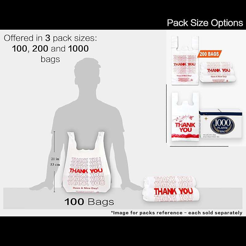 YoYoRain 100 Count White Thank You T-Shirt Bags, 11 x 6 x 21 in | Durable HDPE with handles, Thank You print, disposable carryout sacks for grocery, retail and takeout - Image 3
