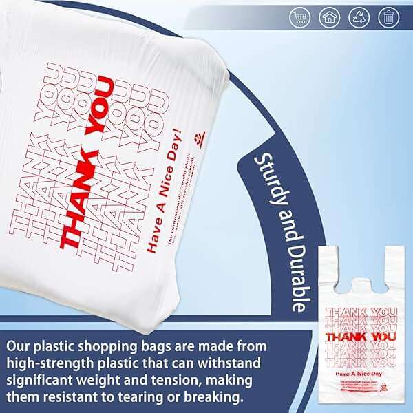 YoYoRain 100 Count White Thank You T-Shirt Bags, 11 x 6 x 21 in | Durable HDPE with handles, Thank You print, disposable carryout sacks for grocery, retail and takeout - Image 4