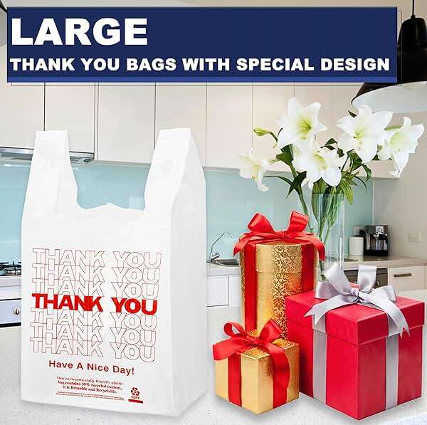 YoYoRain 100 Count White Thank You T-Shirt Bags, 11 x 6 x 21 in | Durable HDPE with handles, Thank You print, disposable carryout sacks for grocery, retail and takeout - Image 5