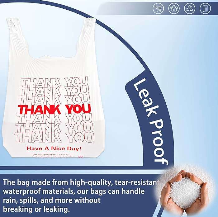 YoYoRain 100 Count White Thank You T-Shirt Bags, 11 x 6 x 21 in | Durable HDPE with handles, Thank You print, disposable carryout sacks for grocery, retail and takeout - Image 6