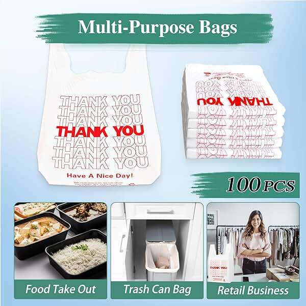 YoYoRain 100 Count White Thank You T-Shirt Bags, 11 x 6 x 21 in | Durable HDPE with handles, Thank You print, disposable carryout sacks for grocery, retail and takeout - Image 8